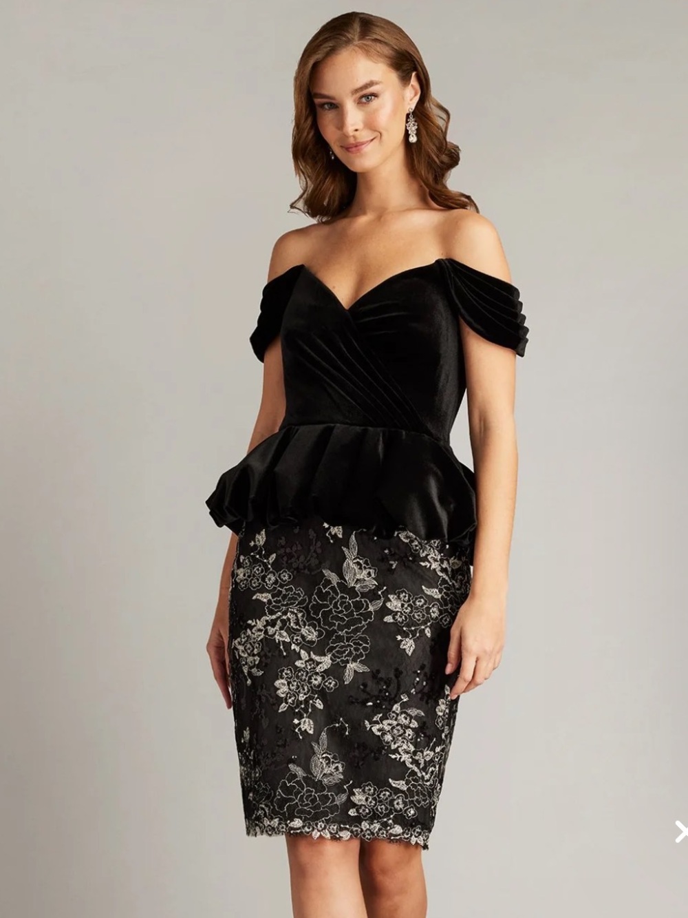 Tadashi Shoji Black Selah Off Shoulder Peplum Lace Dress NWT 0